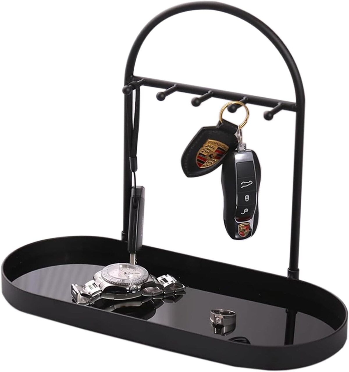 Metal Jewelry & Key Organizer Stand with Acrylic Base – 5-Hook Valet Tray for Keys, Rings, and Jewelry (Matte Black)
